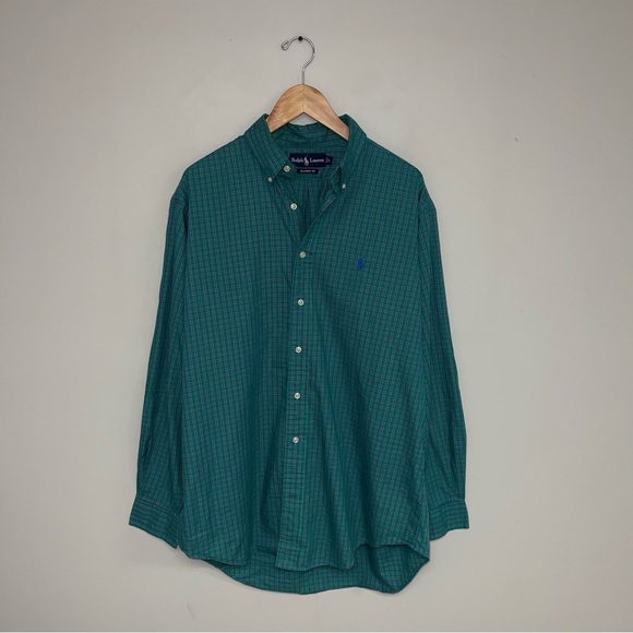 Ralph Lauren Vintage Button Shirt Men's Size Large Teal Green Pink Plaid Cotton - Picture 2 of 8